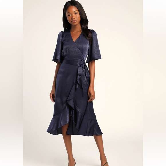 Lulu's Navy Satin Midi Wrap Dress Wrapped Up In Love Flutter Sleeve XS Party - Picture 1 of 11